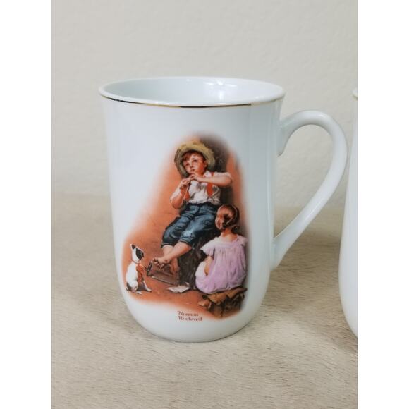 Norman Rockwell Coffee Mug Tea Cup 1981 Gold Trim 4 1/4" Drinkware 10oz x2 - Picture 2 of 12